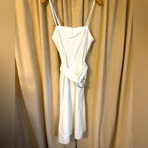 White linen a-line mid calf length dress with pockets